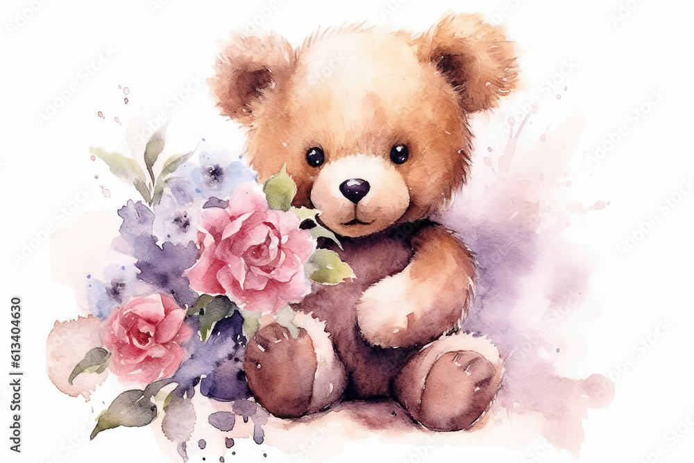 Watercolor of teddy bear with flowers. Generative AI. Watercolor of teddy bear with flowers. Generative AI.