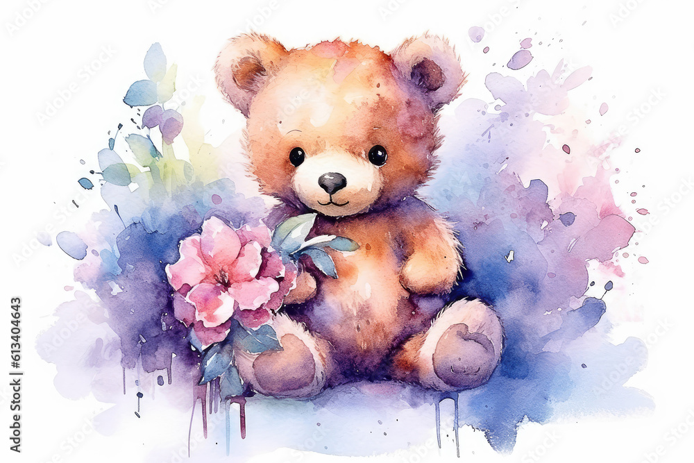 Watercolor of teddy bear with flowers. Generative AI.