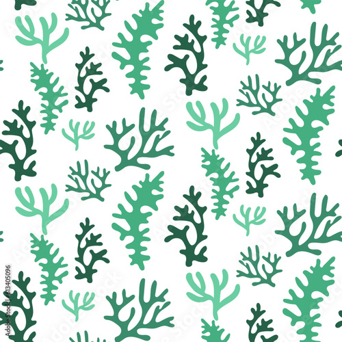 Seamless coral reef pattern. Green underwater background of the ocean world in vintage style. A hand-drawn underwater natural element. Marine Seamless repeating design for Fabric  Textile  paper