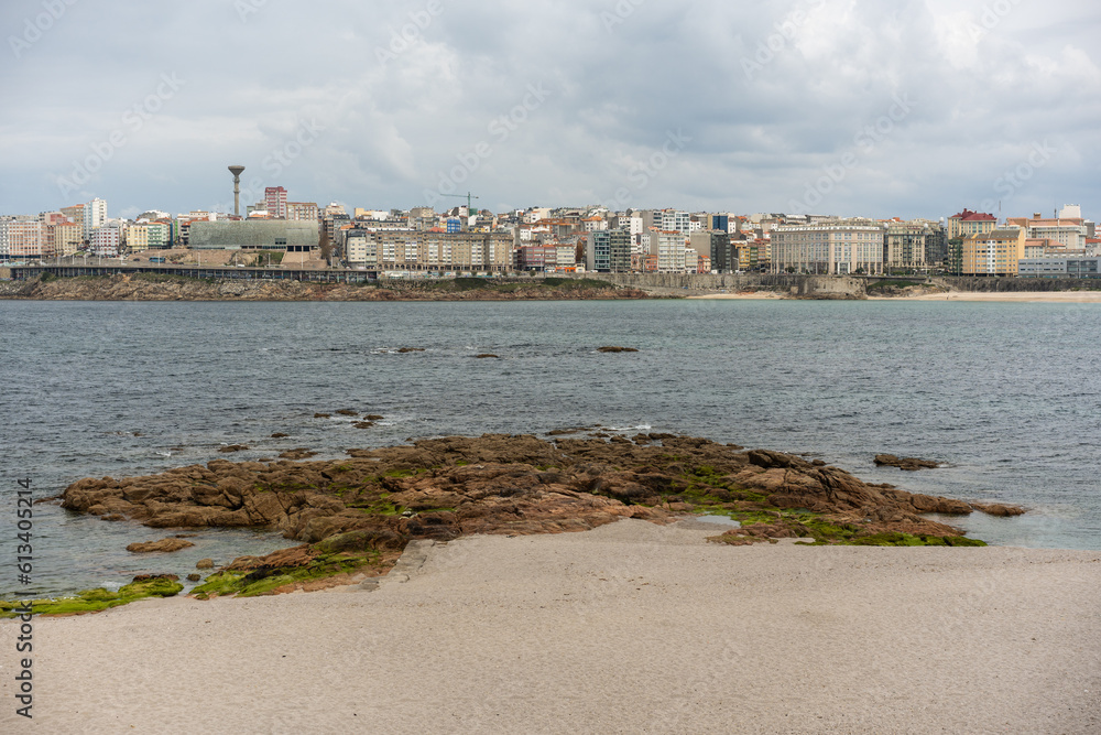 panoramic view of the city and the sea of La Coruña in Galicia, Spain, from the rocky coastline