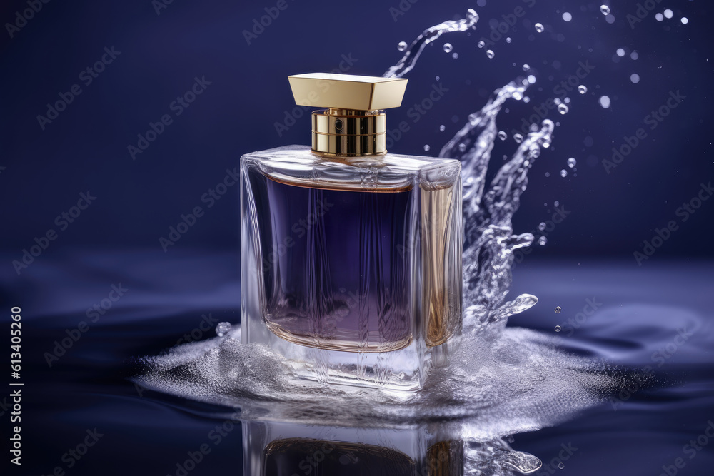 Bottle of perfume on water splashes background. Generative AI. Bottle of perfume on water splashes background. Generative AI.