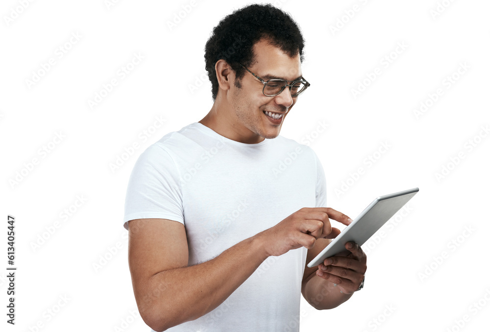 Tablet, smile and man scroll on internet isolated on a transparent png background. Technology, happy and person online browsing on website, email or app for communication, social media and network. Tablet, smile and man scroll on internet isolated on a transparent png background. Technology, happy and person online browsing on website, email or app for communication, social media and network.