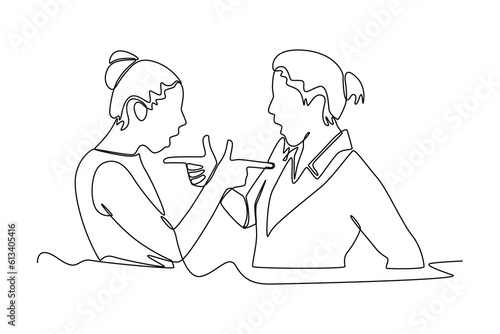 Continuous one line drawing arguing and insulting each other. Single line draw design vector graphic illustration.