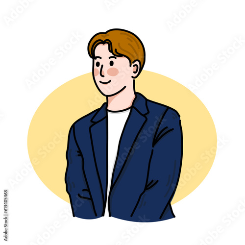 Yong man cartoon drawing in tuxedo suite flat design style minimal vector illustration.