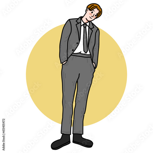 Yong man cartoon drawing in tuxedo suite flat design style minimal vector illustration.