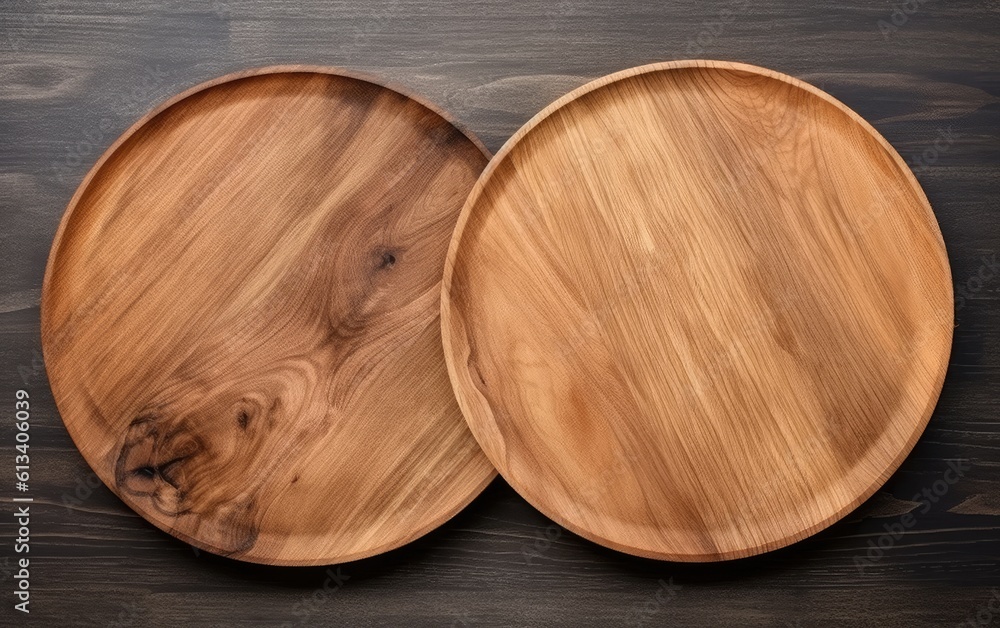 Wooden plate isolated on dark background. Generative AI. Wooden plate isolated on dark background. Generative AI.