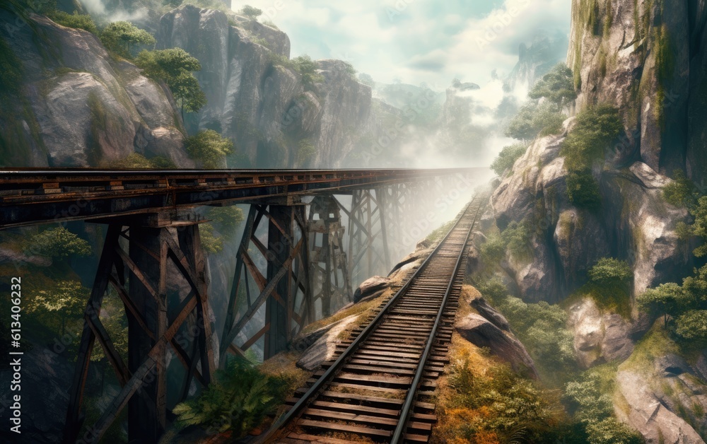 Fototapeta premium Railroad in the mountains. Generative AI.