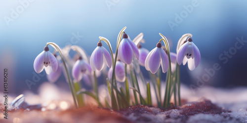 Beauty snowdrop flower, garden decoration, copy space blurred background, Generative AI photo