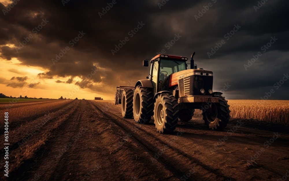Fototapeta premium Tractor on the field for agriculture. Generative AI.
