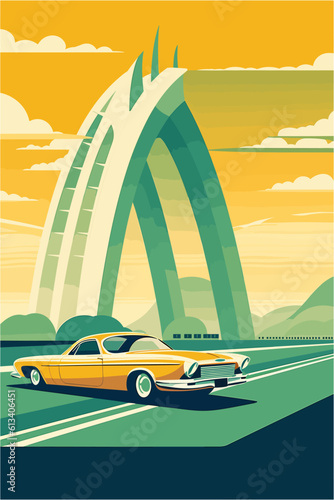 Retro vector poster with vintage car and bridge arc image. Abstract minimalist old roadtrip poster