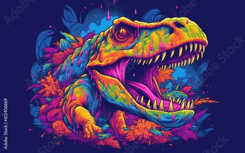 Colorful vector of the tyrannosaurus rex dinosaur in the jungle. Generative AI. © hugo