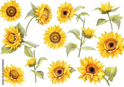 Watercolor of sunflowers on white. Generative AI.
