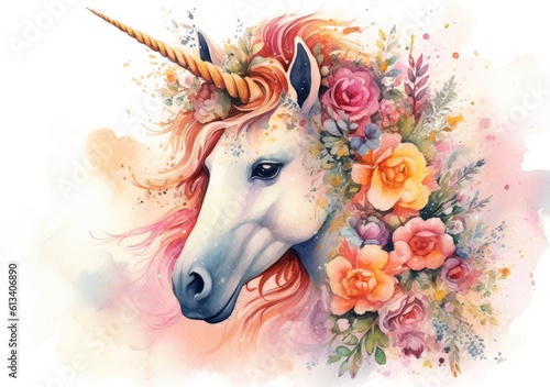 Watercolor painting unicorn with flowers. Generative AI.