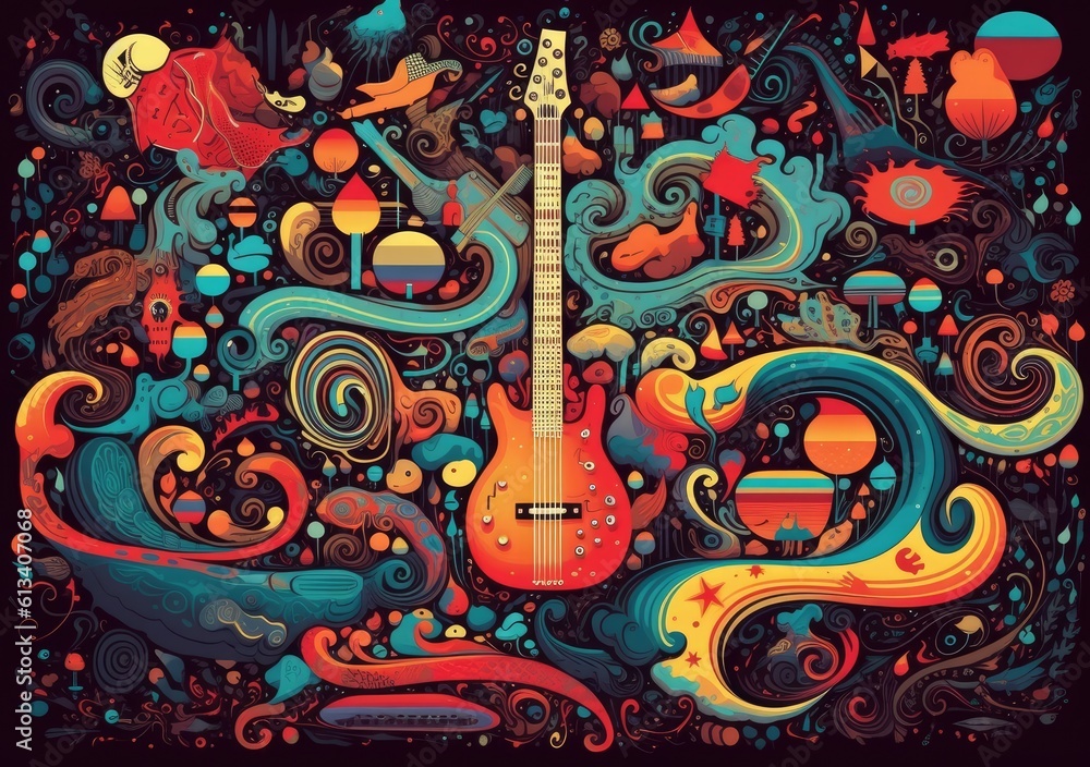 Colorful of background with guitar art. Generative AI.