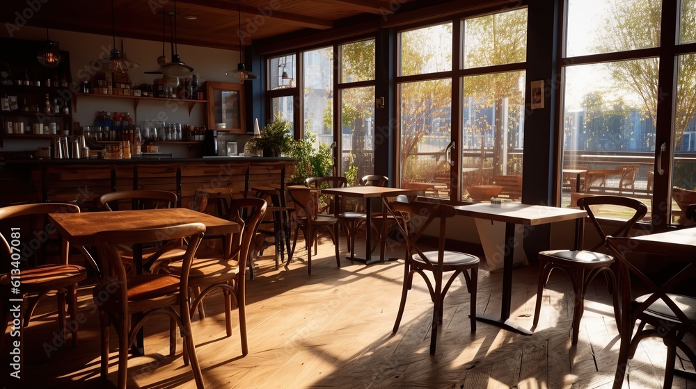 Interior shot of a cafe with chairs near the bar with wooden tables, 
