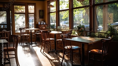 Interior shot of a cafe with chairs near the bar with wooden tables, 