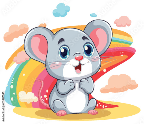 Cute rat cartoon character with rainbow isolated