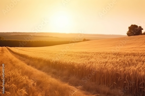 Wheat field in the morning. Generative AI.
