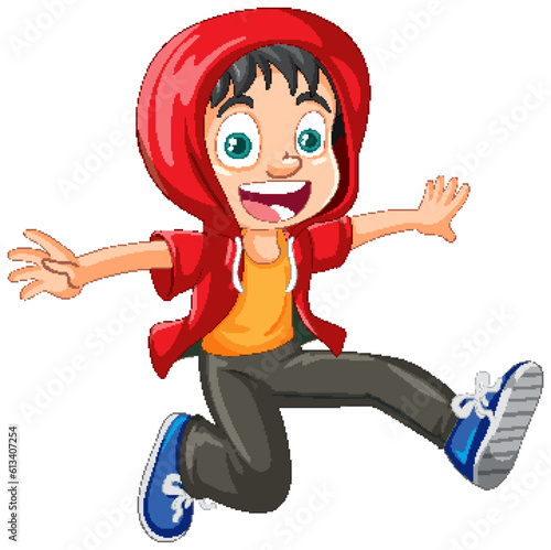 Urban boy wearing hoodie jumping cartoon character