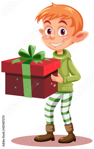 Cheerful Elf holding a Gift Box
