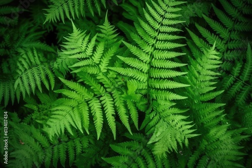 Green fern leaf background in black background. Generative AI.