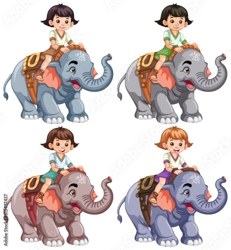 Collection of different kids riding elephants