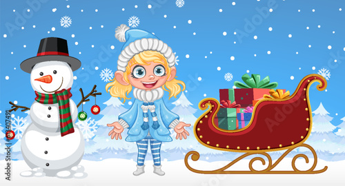 Happy girl with snowman winter background