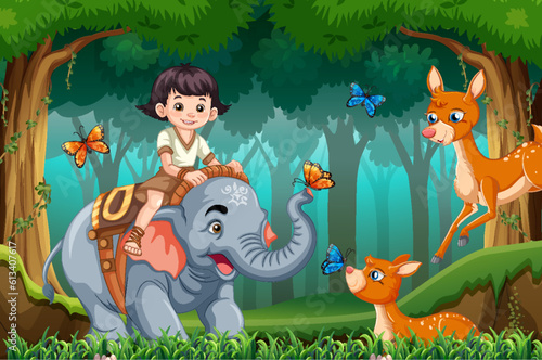 Fototapeta Naklejka Na Ścianę i Meble -  A Girl Riding Elephant in the Jungle