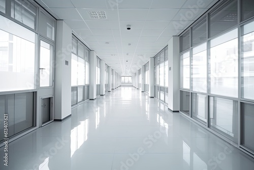 Empty corridor in a modern clean building. Generative AI.
