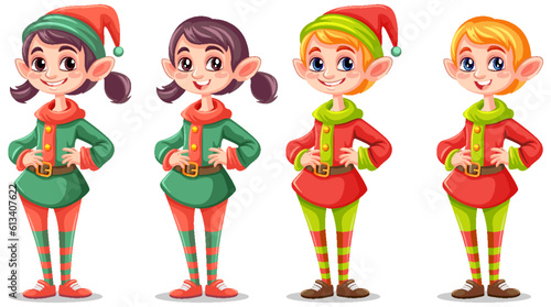 Set of cartoon character in Christmas elf outfit