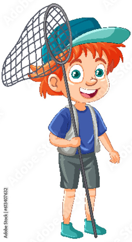 A boy holding net cartoon character