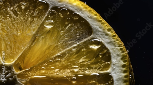 Close up of lemon with condensation on black background. Generative AI.