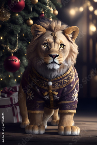 Little lion in christmas pullover. Generative AI