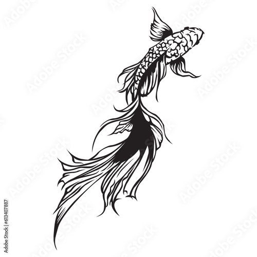 vertical black and white fish tribal isolated on white background, doodle art, tattoo art
