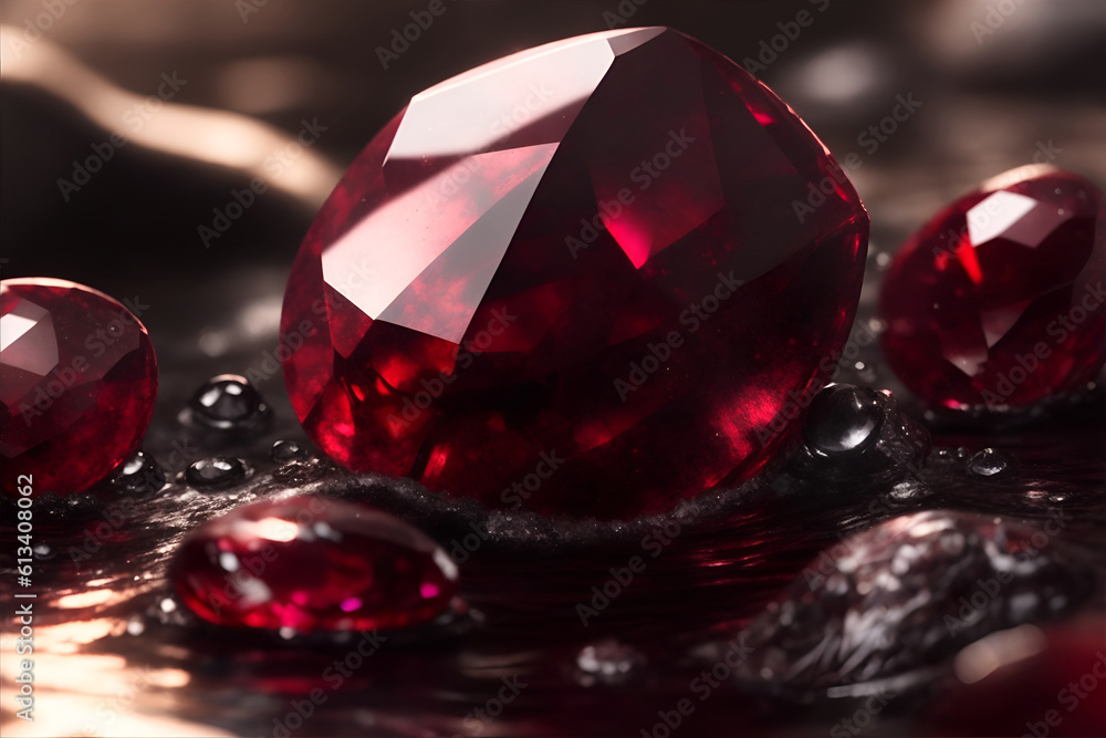 Photo closeup red Garnet with water drops. Generative AI Photo closeup red Garnet with water drops. Generative AI
