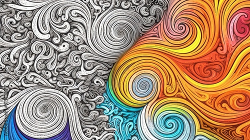 Lack and white vector with some rainbow colored swirls texture coloring page style, 