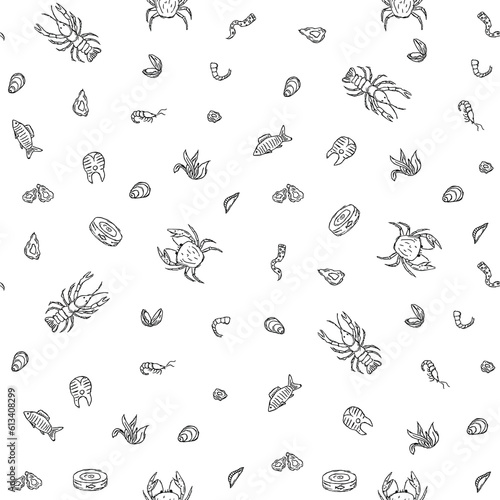 Seamless seafood pattern. Drawn seafood background