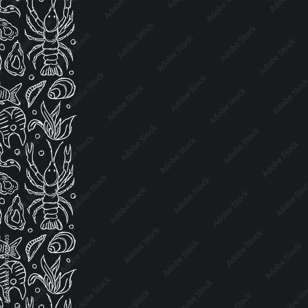 Seafood background. Drawn seafood illustration with place for text Seafood background. Drawn seafood illustration with place for text