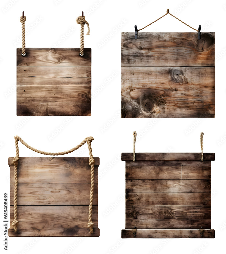 Blank empty wooden rustic board wood on hanging rope on transparent ...