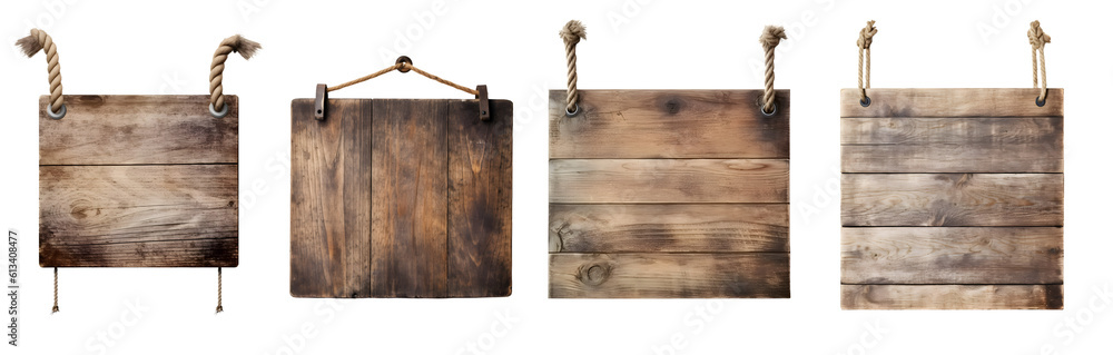 Blank empty wooden rustic board wood on hanging rope on transparent ...