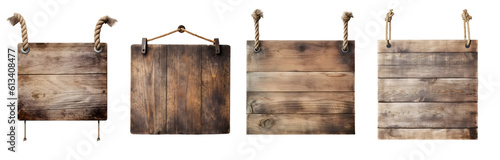 Blank empty wooden rustic board wood on hanging rope on transparent background cutout, PNG file. Many assorted different Mockup template for artwork design..