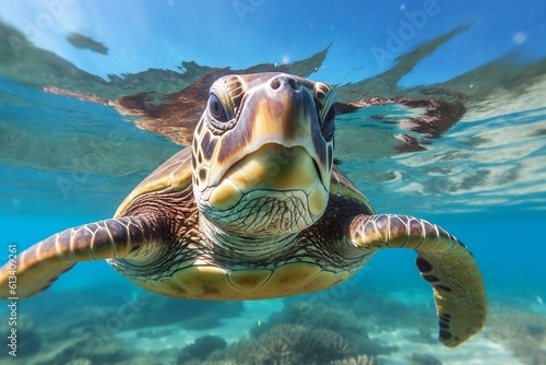 Happy Sea Turtle in a Serene Swim - Joyful Marine Life and Aquatic Delight, Generative AI © Haider