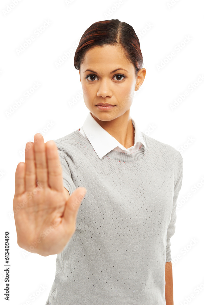 Serious woman, portrait and hand in protest for stop or halt isolated on a transparent PNG background. Female person with hands in wait, sign or decline gesture for protection, defense or prohibition Serious woman, portrait and hand in protest for stop or halt isolated on a transparent PNG background. Female person with hands in wait, sign or decline gesture for protection, defense or prohibition