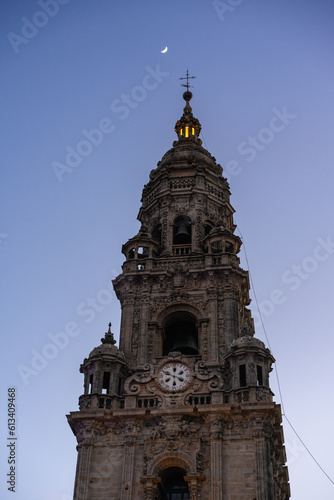tower of the cathedral of Santiago de Compostela at nightfall