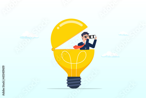 Businessman open light bulb idea using binoculars to see business vision, creativity to help see business opportunity, vision to discover new solution or idea, searching for success (Vector)