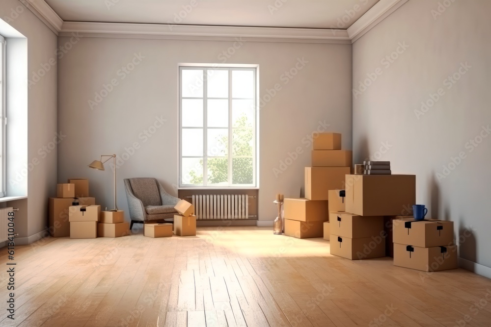Room with a heap of cardboard boxes, packing things. Moving to a new house. Copy space. Generative AI Room with a heap of cardboard boxes, packing things. Moving to a new house. Copy space. Generative AI