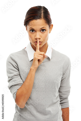 Secret, privacy and confidential, woman with finger on lips in portrait and silence emoji isolated on transparent png background. Female person whisper, hush and quiet with hand gesture and mute