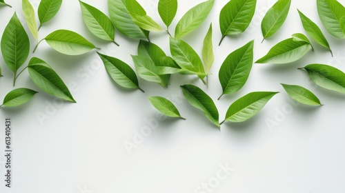 An artistic arrangement of slender green leaves arranged in a diagonal pattern on a neutral background, offering ample negative space for text or branding. Generative AI. 