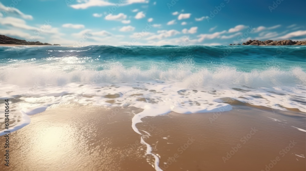 Macro shot of waves chrusing at a tropical beach in the sunset