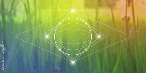 Sacred geometry spiritual new age futuristic illustration with transmutation interlocking circles, triangles and glowing particles